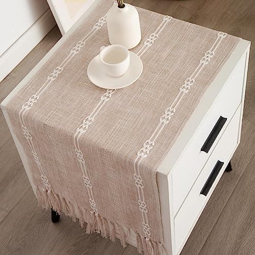 Hpxrom Rustic Small Linen Table Runner Farmhouse Burlap Boho Striped Table Runners Light Coffee Short Table Runner with Hand-Tassels for Dining Wedding Dresser and End Table Decor 14 x 36 Inches
