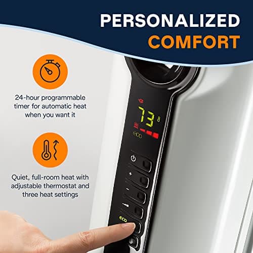 DeLonghi Radia S Oil-Filled Radiator Space Heater, Full Room Quiet 1500W, Adjustable Thermostat, 3 Heat Settings, Digital Timer, ECO Energy Saving Mode, Safety Features, Light Gray, TRRS0715E 10