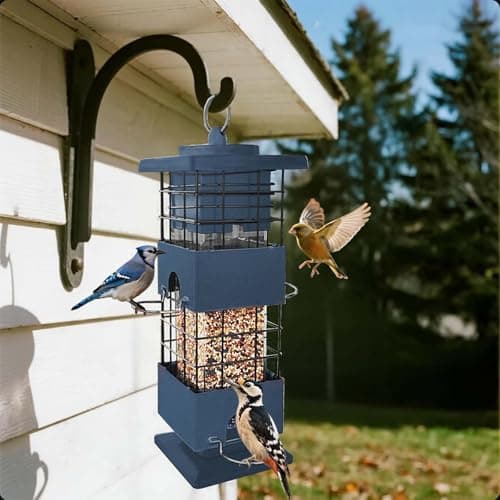 Squirrel Proof Bird Feeder for Outdoors Hanging,3Lbs Metal Birdfeeders Squirrel Proof with 4 Feeding Ports for Outside, Birdseed Feeder for Cardinal, Finch, Sparrow,Bluejay (Blue) 8