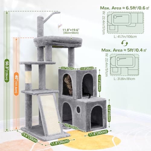 Globlazer Cat Tower for Indoor Adult Cats, 50-inch Heavy Duty Cat Tree House for Big Cats with Extra-Large Padded Platform, Sisal Scratching Board, 2 Large Condos, F50, Light Grey 6
