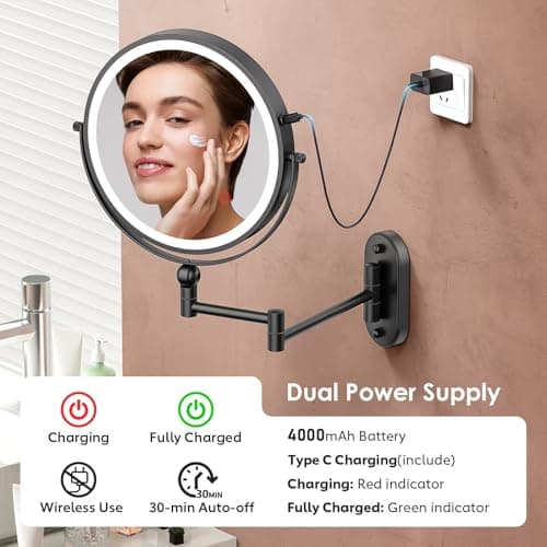 ZLOKLA 9" Wall Mounted Lighted Makeup Mirror,4000mAh Rechargeable Double Sided 1X/20X Magnifying Mirror with Light,Touch Dimmable,Extended Arm 360 Rotation Wall Mounted Makeup Mirror 3 Color Lights-B 5