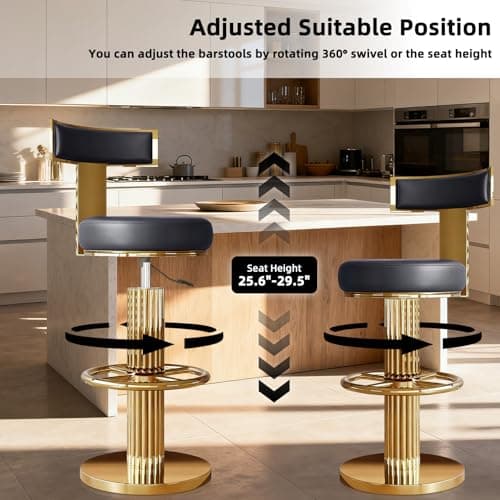 Bar Chair,Bar Stools, Island Height Bar Stools with Gold Stainless Steel Frame, Adjustable Height Swivel Barstools, Comfortable Leather Seat Cushion for Kitchen Counter, Islands Counter, Bars (Black) 6