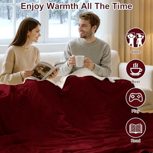 FVERWAG Queen Size Electric Blanket for Bed - 84" x 90" Dual Control Heated Blanket with 10 Hrs Auto Off, 5 Heating Levels, Over-Heat Protection, Washable Flannel Sherpa Heating Blankets, Red 5
