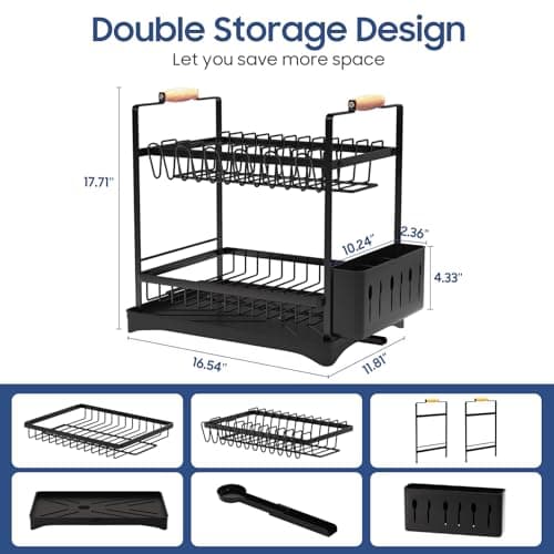 PXYHMUS 2-Tier Large Dish Drying Rack for Kitchen Counter with Drainboard and Cutlery Holder, 2 Tier Dish Drying Rack, Black,16.54" D x 11.81" W x 17.71" H 5