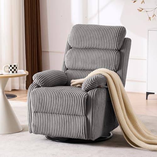 Seanrum Plush Premium Velvet 360° Swivel Rocker Recliner Chair - High Back Glider with Generous Footrest, Supportive Armrests & Side Pocket for Nursery, Living Room & Small Spaces Grey