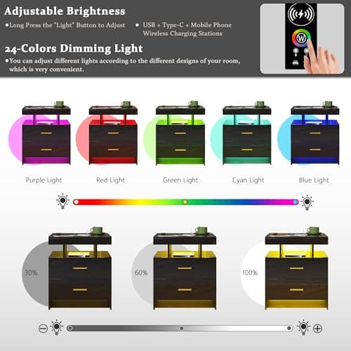 HNEBC Auto LED Nightstand with Wireless Charging Station & USB Ports,High Gloss Bedside Tables with 2 Drawers,Floating Nightstand with 3 Color & Adjustable Brightness for Bedroom,Black 5