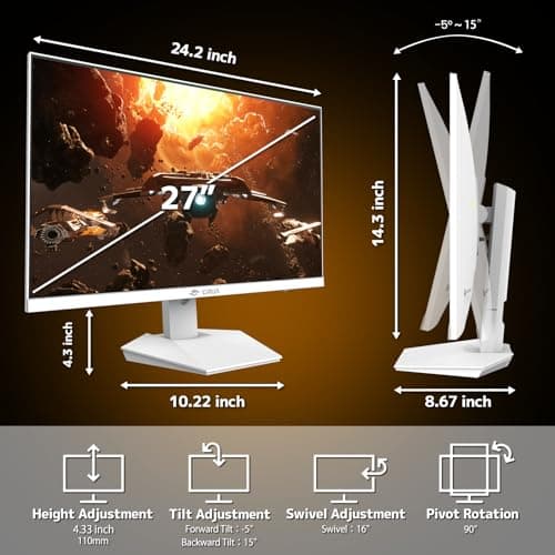CRUA 27” Gaming Monitor, IPS UHD 3840x2160 4K 160Hz / FHD 320Hz Dual Mode White Computer Monitor, Rotating/Pivot & Height-Adjustable, AMD FreeSync, Built-in Speakers, PIP/PBP, HDMI 2.1 & DP 1.4 7