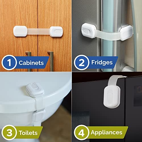 Child Safety Strap Locks (10 Pack) Baby Locks for Cabinets and Drawers, Toilet, Fridge & More. 3M Adhesive Pads. Easy Installation, No Drilling Required, White 7