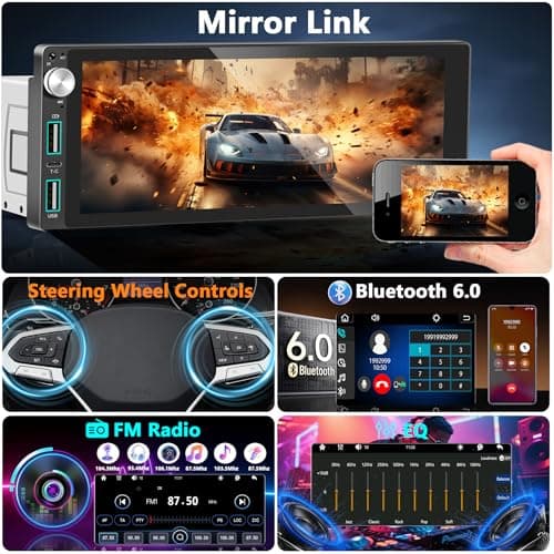Single Din Car Stereo with Apple Carplay Android Auto,6.9 Inch IPS Touchscreen, 1 Din Car Audio Receivers wtih Bluetooth Handsfree/FM/AM/Dual USB/Type-C/EQ/SWC/GPS Navigation/Backup Camera/Microphone 5
