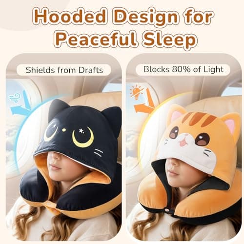Certified to ASTM & CPSIA Standards–Kids Travel Neck Pillow with Hood,Memory Foam Airplane Pillow,Double-Sided, Cute Design, Cooling Ice Silk & Soft Plush, Adjustable, Portable & Washable for Flights 5