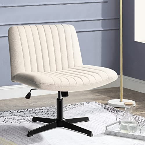 PUKAMI Criss Cross Chair,Comfy Cross Legged Office Desk Chair No Wheels,Modern Fabric Swivel Adjustable Height Mid Back Wide Seat for Home Office Computer Makeup Vanity Task(Beige)