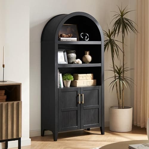 mopio Lauren 65.4" Short Arched Cabinet, the Original 5-Tier Bookcase with Doors and Shelves, Mini Arch Bookshelf with Storage, Wooden Storage Cabinet for Living Room and Kitchen Pantry (Black Accent)