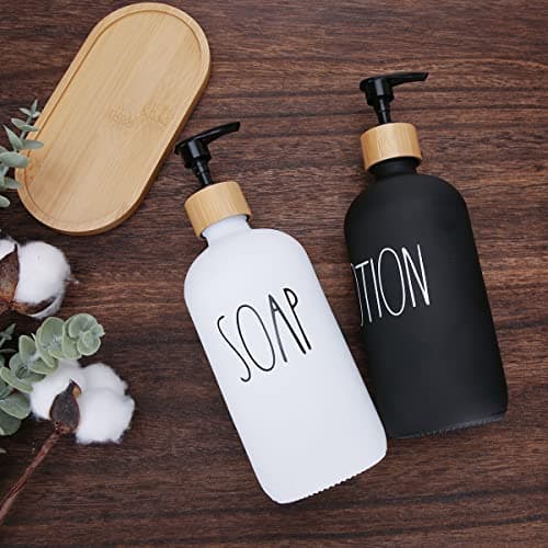 Soap Dispenser Bathroom Set, Hand Soap and Lotion Dispenser Set with Tray for Bathroom, Black and White Bathroom Decor Modern Farmhouse Decor Kitchen Art Dish Soap Holder (Black & White) 6