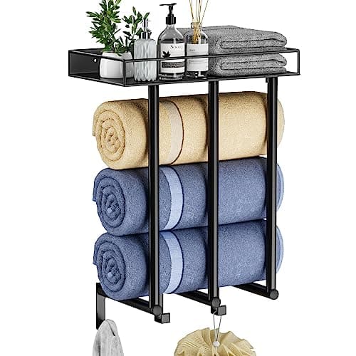 OVICAR Towel Racks for Bathroom - Wall Mounted Towel Rack with Metal Shelf & 3 Hooks, Wall Towel Holder for Small Bathroom, Bath Towel Storage for Large Rolled Towels Organizer, Black