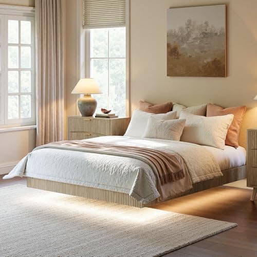 Evermagin Oak Queen Floating Bed Frame with led Lights, Bohemia Fluted 10 Inch High Floating Platform Bed No Headboard, Heavy Duty Metal Float Bedframe, No Box Spring Needed
