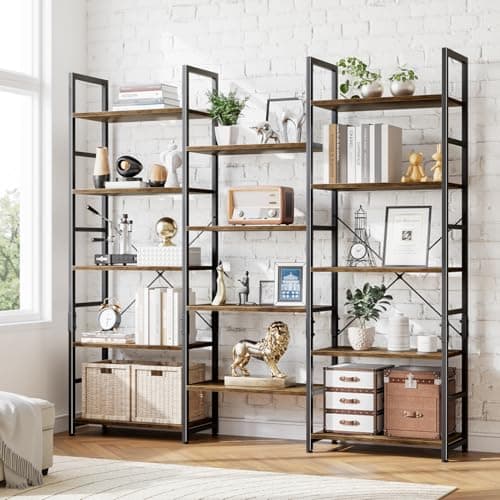 NUMENN Triple Wide 5 Tier Bookshelf, Rustic Industrial Style Bookcases with 14 Open Display Shelves, Modern Tall Bookcase Furniture for Bedroom, Living Room and Home Office, Vintage 5