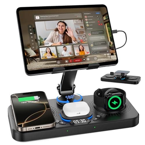 30W Charging Station for Apple Products, Foldable Wireless Charger with Clock Display&7 Color Light, Wired Charging for iPad/Tablet Charging Station for iPhone17, for Apple Watch11 for AirPods4(Black