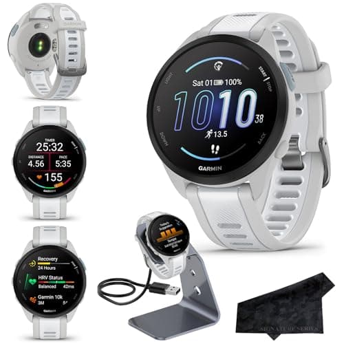 Garmin Forerunner 165 GPS Running Smartwatch, Mist Gray/Whitestone, Advanced Health - Fitness Insights, Sleep Coach, Training Plans, Garmin Pay, Signature Series Charging Stand Bundle