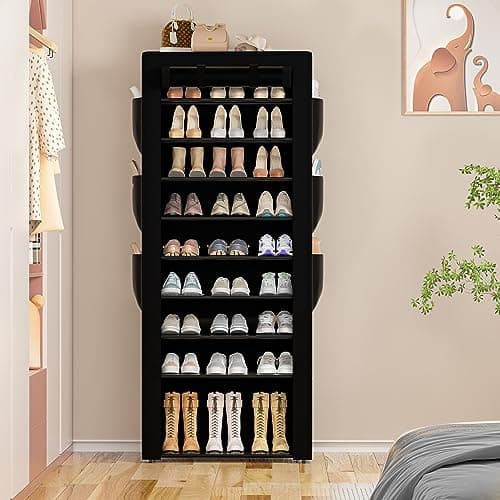 OYREL Large Shoe Rack, Black, 6 Side Pockets, 23.6" Wide x 11.4" Deep x 68.9" Tall, 36-41 Pairs of Shoes 7