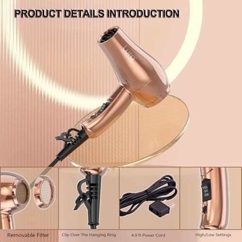 LURA Mini Portable Travel Hair Dryer:Dual Voltage Small Lightweight Blow Dryer with EU Plug,1200W Compact Hairdryer with Folding Handle,with Concentrator&Diffuser Attachment,for Women and Men 6