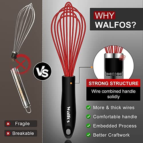 Walfos Whisk,Silicone Whisks- Heat Resistant（480°F） Silicone Whisks for Cooking Non Scratch,BPA free and Dishwasher Safe.Perfect for Blending,Whisking,Beating, Set of 3(Red) 7