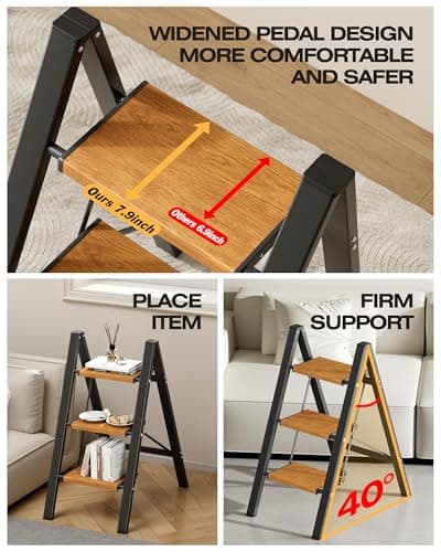 Taranta 3 Step Ladder,Aluminum Lightweight Folding 3 Step Stool with Anti-Slip Wide Pedal, 330lbs Capacity Step Ladder for Household,Kitchen,Office - BlackWoodgrain 6