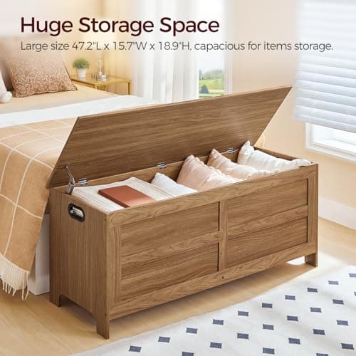 MAHANCRIS Storage Chest, 47.2” Large Toy Chest, Entryway Storage Trunk, Storage Bench with Safety Hinge, Entrance Bench for Living Room, Entrance, Bedroom, Honey Brown SCOR48901 6
