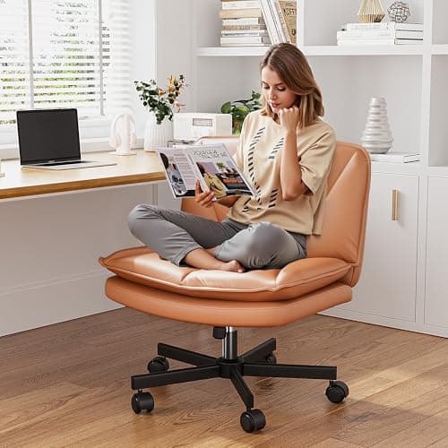 DurayLoly Criss Cross Chair with Wheels,Cross Legged Office Chair with 2 Layer Cushion,Comfy Wide Seat,Leather,Amless, Vanity Chairs for Home,Office,Bed Room,Adjustable,Orange