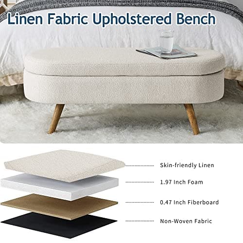 IAFIKE Oval Storage Bench 43.5'' Linen Fabric Upholstered Entryway with Solid Wood Legs Ottoman Indoor for Living Room/Bedroom/End of Bed/Entryway/Bed Side (Beige) (IA-013) 5
