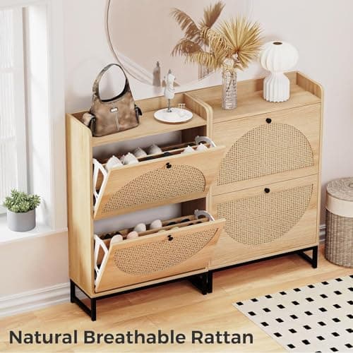 KFO Shoe Cabinet with 2 Handmade Natural Rattan Flip Drawers, Entryway Shoe Rack Storage Organizer for Sneakers, Leather Shoes, Slippers, Free Standing Shoe Racks…… 7