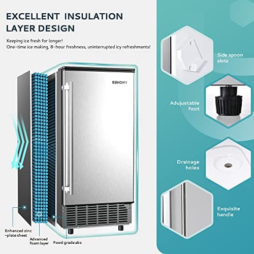 EUHOMY 15" W Commercial Under Counter Ice Maker Machine, 90 Lb/Day Auto-Cleaning & 24H Timer, Gravity Drainage,Stainless Steel Built-in Freestanding Ice Maker, 24 Lb Bin, Ideal for Commercial & Home 6