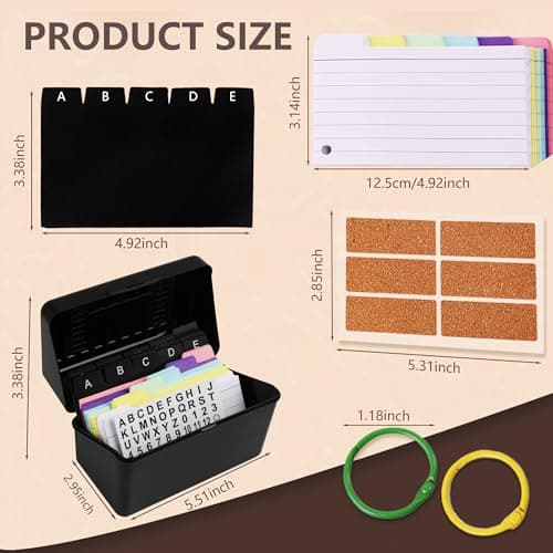 JEHAPPYTRY 3x5 Index Card Holder Set - Exquisite Recipe Box with Index Card Dividers Inclu Assorted DIY Stickers, 150 Colored Index Cards, Labels, Snap Rings, A-Z Dividers and Index Card Box, Black 8