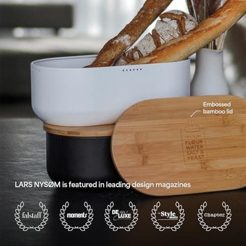 LARS NYSØM Bread Box I Metal Box for long lasting freshness I Bread Bin with bamboo lid usable as cutting board I 13.8x7.7x5.3 In (Taupe Brown) 5