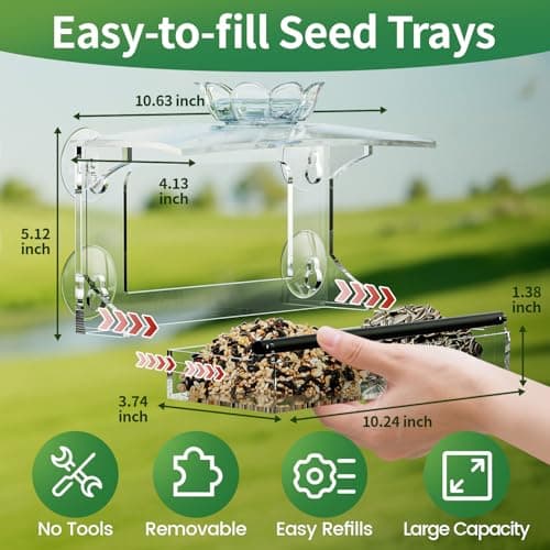 TC-DCDM Window Bird Feeder for Outdoors-Clear Acrylic Window Bird Feeders with Strong Suction Cups and Removable Seed Tray,Transparent Birdhouse for Viewing Wild Birds, Ideal Outside Gardening Gifts 6