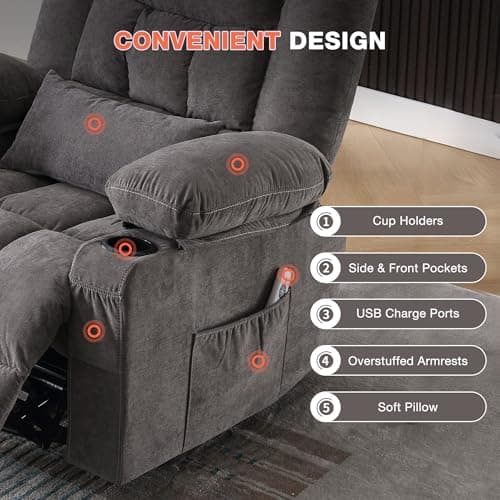 Massage Swivel Recliner Chair with Vibration Massage and Lumbar Heating for Adults,Oversized Rocker Recliner Single Sofa with Side Pocket,Two Cup Holders and USB Charge Port for Living Room 8