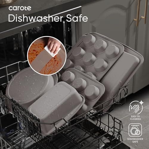 CAROTE 7-Piece Nonstick Stackable Baking Pans Set - Bakeware Sets Including Cookie Sheets for Baking, Muffin Pan, Bread Pan, Cake pan, Loaf Pan, Roasting Pan, Gray & Khaki 5