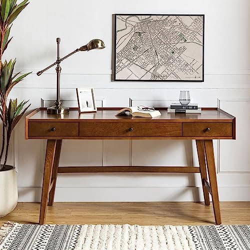 HULALA HOME Home Office Desk with 3 Drawers & Solid Wood Legs, Writing Table with Charging Station & Cable Management, Mid Century Modern Desk for Bedroom/Living Room/Study/Workstation, Walnut
