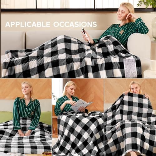 Electric Heated Sherpa Buffalo Plaid Christmas Throw Blanket with 8 Heating Levels & 8 Hours Auto Off, Fast Heating Warm Plush Washable Blanket with Over-Heat Protection, ETL Certification, Black 6