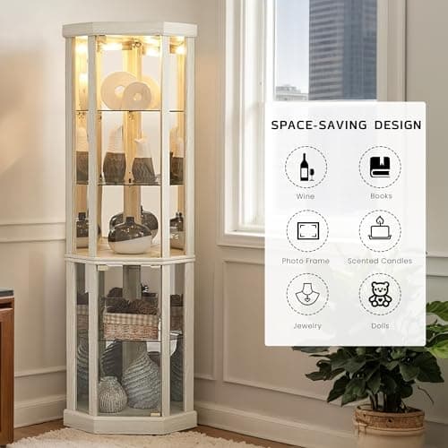 CKEASEAN Corner Curio Cabinet, 70" H Lighted Glass Display Cage with Tempered Glass Doors and 5 Adjustable Shelves, Light Bulb Inclued, Wine Bar China Cabinet for Living Room (White) 6