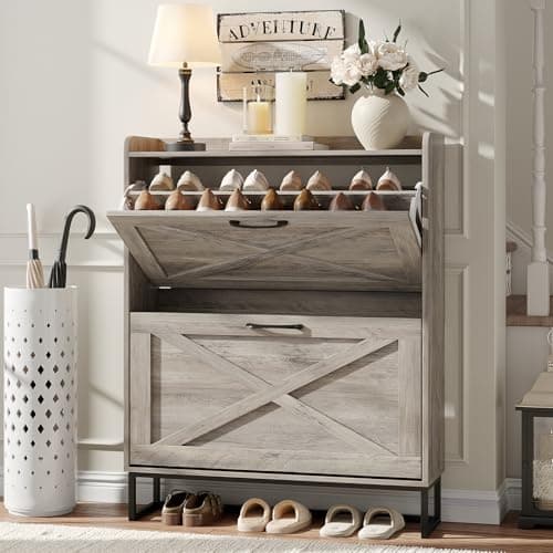 Maupvit Shoe Cabinet with 2 Flip Drawers, Freestanding Shoe Cabinet Organizer with Metal Legs, Shoes Storage Cabinet for Entryway, Narrow Shoe Rack Cabinet, Washed Gray