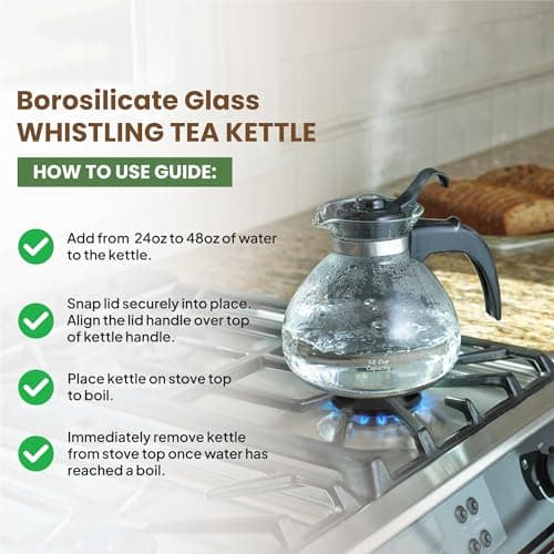 Borosilicate Glass Stove Top Whistling Tea Kettle - 12 Cup/48oz Capacity - BPA-Free - German Made Glass Kettle for Gas, Electric, and Glass Ranges 7