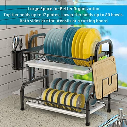iSPECLE Dish Drying Rack with Drainboard - 304 Stainless Steel 2 Tier Dish Racks for Kitchen Counter, Dish Drainer with Tray, Stainless Steel Utensil Holder, Cutting Board Holder, Black 7