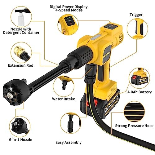 MAXIPACT Cordless Pressure Washer, Max-1080PSI Portable Power Washer with LCD Touch Screen, 4 Speed Adjustment, 4.0Ah Battery Pressure Washer with 6 in 1 Nozzle, Cordless Power Washer Washing Car 8