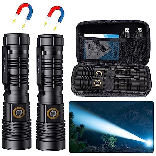 Hoxida Rechargeable Tactical Flashlights High Lumens - 1500 Meters Long Beam Super Bright LED Magnetic Flashlight USB Zoomable 5Modes Small Long Beam Spotlight Flashlight for Hiking, Camping