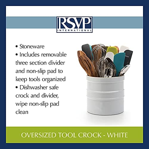 RSVP International Large Ceramic Utensil Holder, Kitchen Tool Crock Includes Removable Divider Allows Tools to Stand Straight, Non-Scratch Bottom to Protect Countertops, 7.5x7, White 8