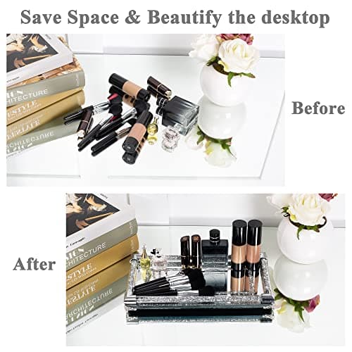 SHYFOY Mirror Perfume Tray for Dresser Crushed Diamond Crystal Trays for Vanity Silver Glass Decorative Bathroom Tray for Home Decorative, Party, Hotel Banquet, NO Letters,12.5 x 6.5 x 1.5 Inches 7