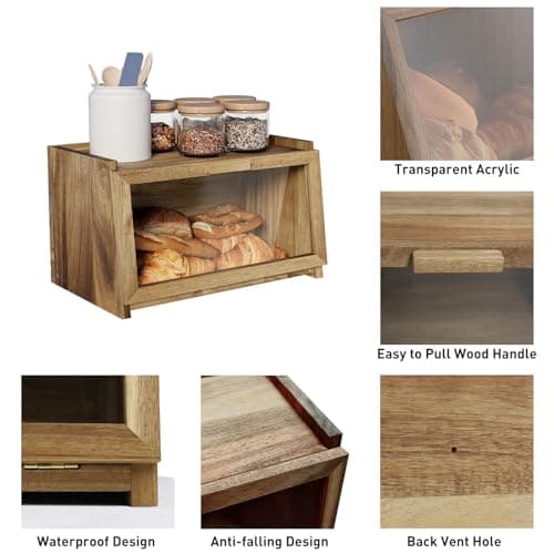 Acacia Wood Bread Box for Kitchen Countertop, Large Wooden Bread Storage Container, with Clear Window Back Air Vent and Anti-falling Design, Bread Boxes for Keeping Food Fresh in Home and Kitchen 6
