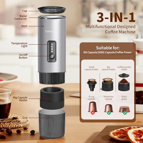 Loezora Stainless Steel Portable Espresso Maker – 20Bar, 7500mAh Rechargeable, 3-in-1 for Nespresso/DG Capsules & Ground Coffee, Self-Heating, Best Value for Camping Car Travel (Silver 6
