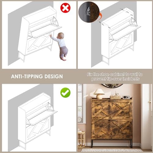 Nicetree Shoe Cabinet Organizer with 2 Flip Drawers, Freestanding Narrow Rack with Metal Legs, Farmhouse Slim Shoe Storage for Entryway, Foyer, Hallway, Rustic Brown 9