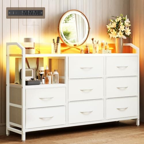 KKL White Dresser for Bedroom with Light Strip & Power Outlet — 8 Drawers Dressers & Chest of Drawers with Shelf, Wood Top, Metal Frame, Wide Dressers for Girls Bedroom, Living Room, Hallway, Closet
